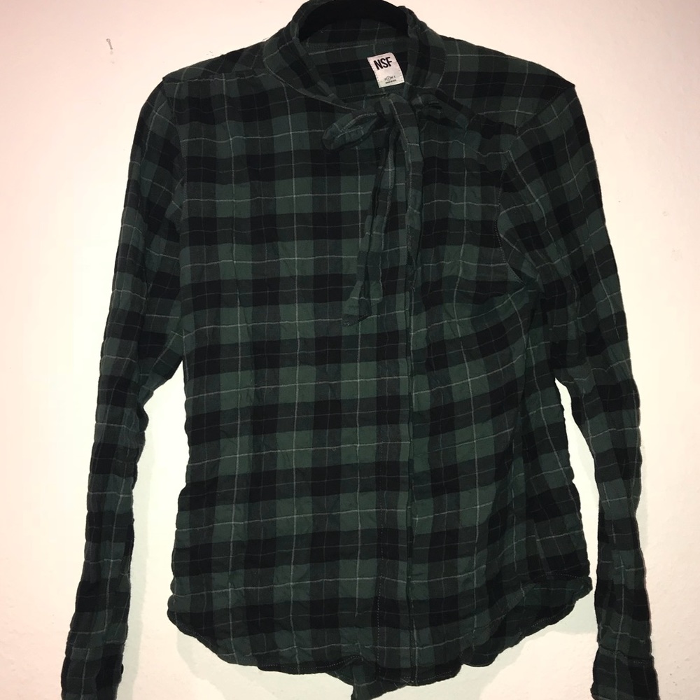 NSF asymmetrical green plaid button up